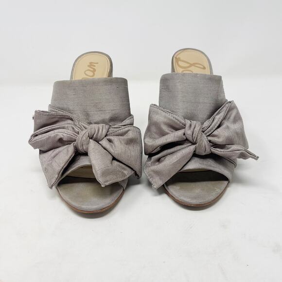 Sam Edelman Womnes 6.5 Silver Yumi Open Toe Mule Block Heel Bow Slip On Fabric - Picture 3 of 13